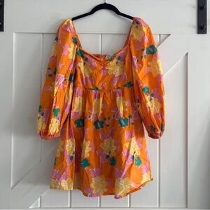 Hello Molly Orange Floral Puff Sleeve Dress